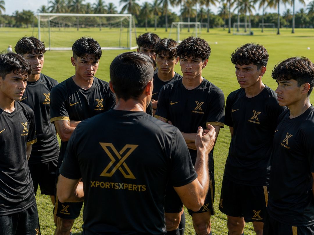 Técnico dirigiendo la charla al grupo de jugadores